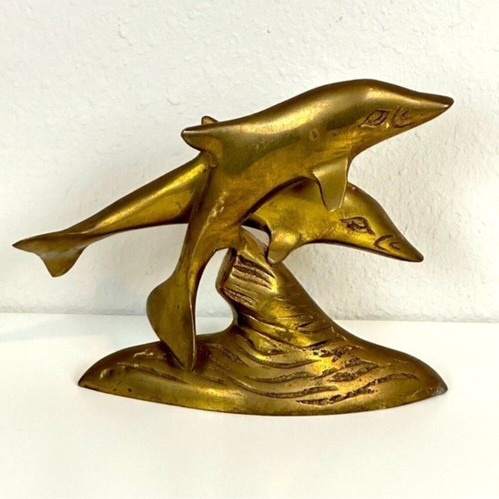 Vintage Brass Dolphins Jumping Wave Figurine Statue